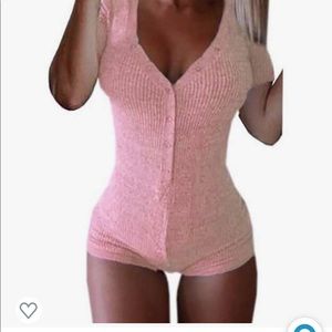 Women's Sexy Deep V Neck Shorts Long Sleeve Knitted One Piece Bodysuit Sexy PJs